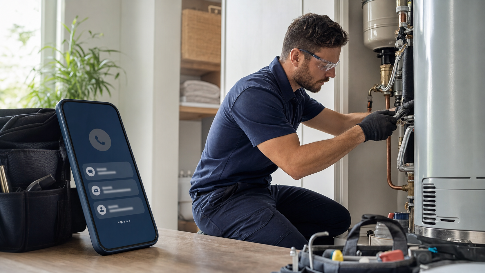 Technician in the field while an AI phone assistant and virtual assistant phone answering service capture a new customer appointment request.