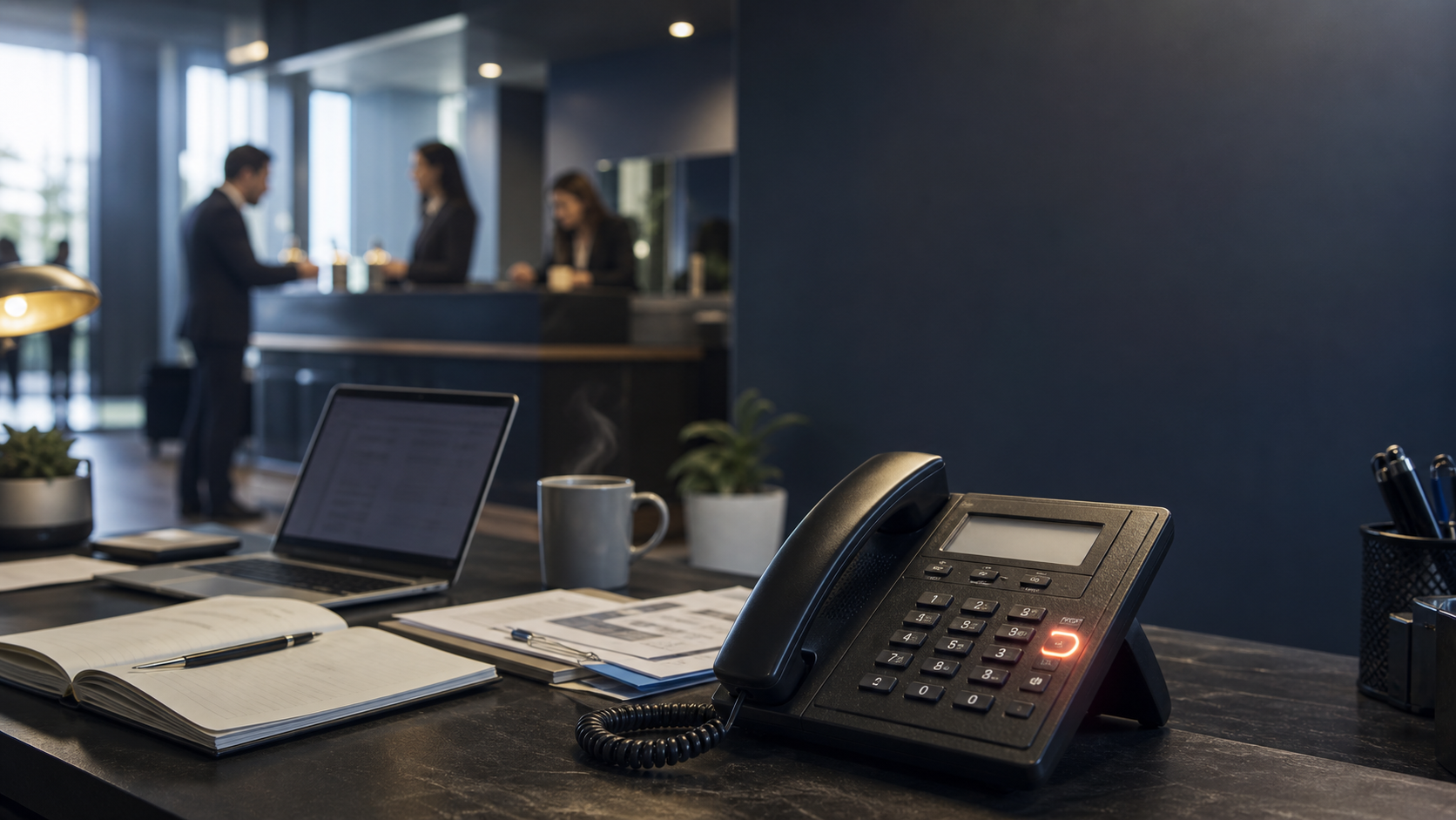 After hours answering service — closed business location at night with a smartphone receiving a customer call handled by a 24/7 AI receptionist.