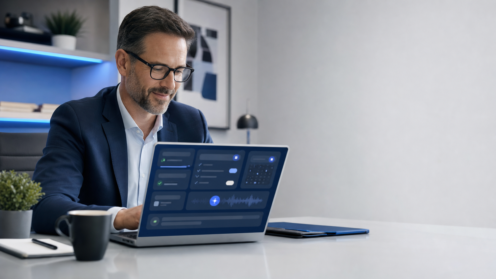 Done-for-you AI receptionist setup — small business owner reviewing the atAnswer virtual receptionist service dashboard on a laptop.