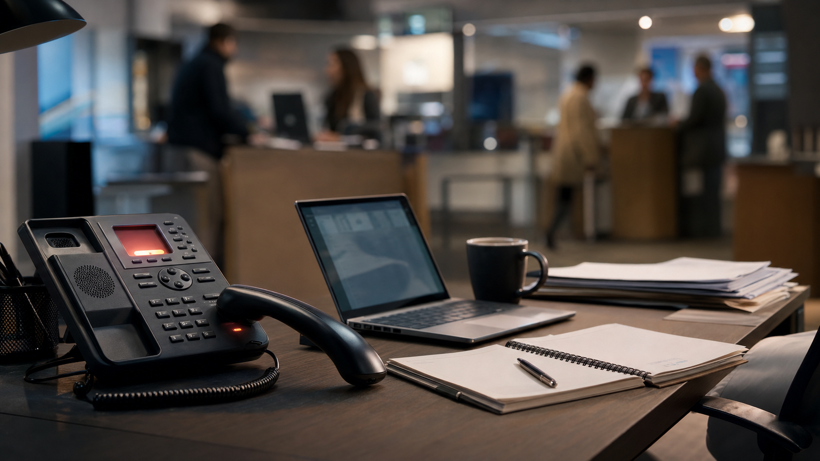 Missed business phone call — office phone ringing on a desk while staff are busy, illustrating why a 24/7 AI answering service and virtual receptionist for small business matter.