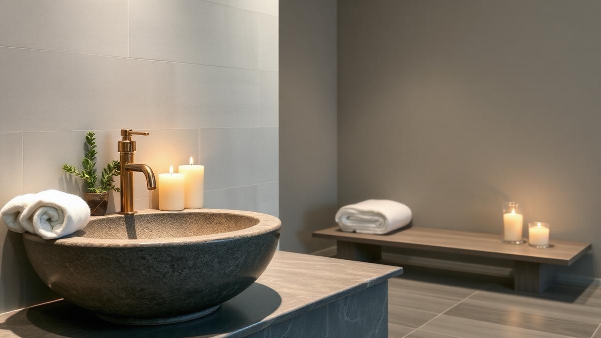 Calm day spa reception with a stone basin, rolled towels and candles