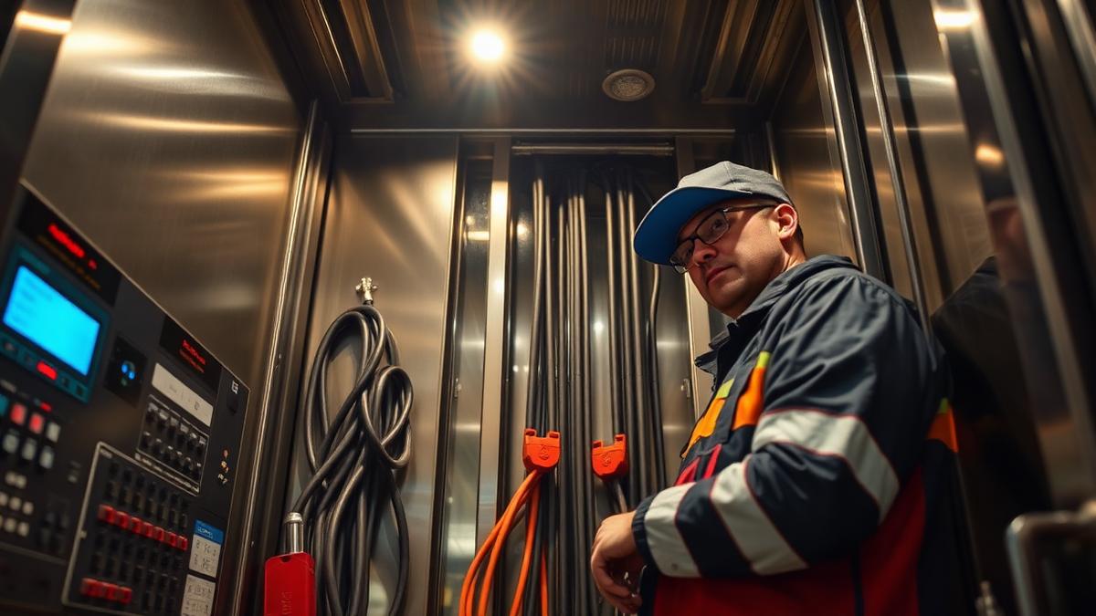 Elevator service technician inspecting control panels and cables inside an elevator