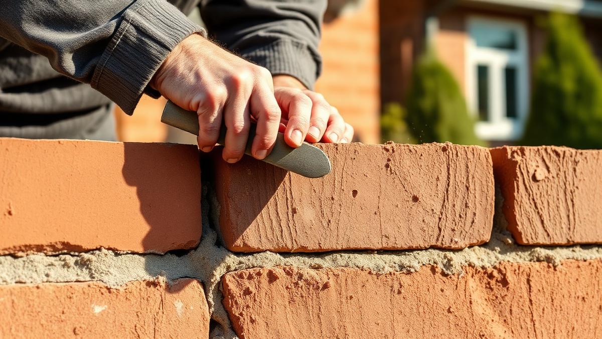 Mason laying brick with a trowel and mortar on a residential wall