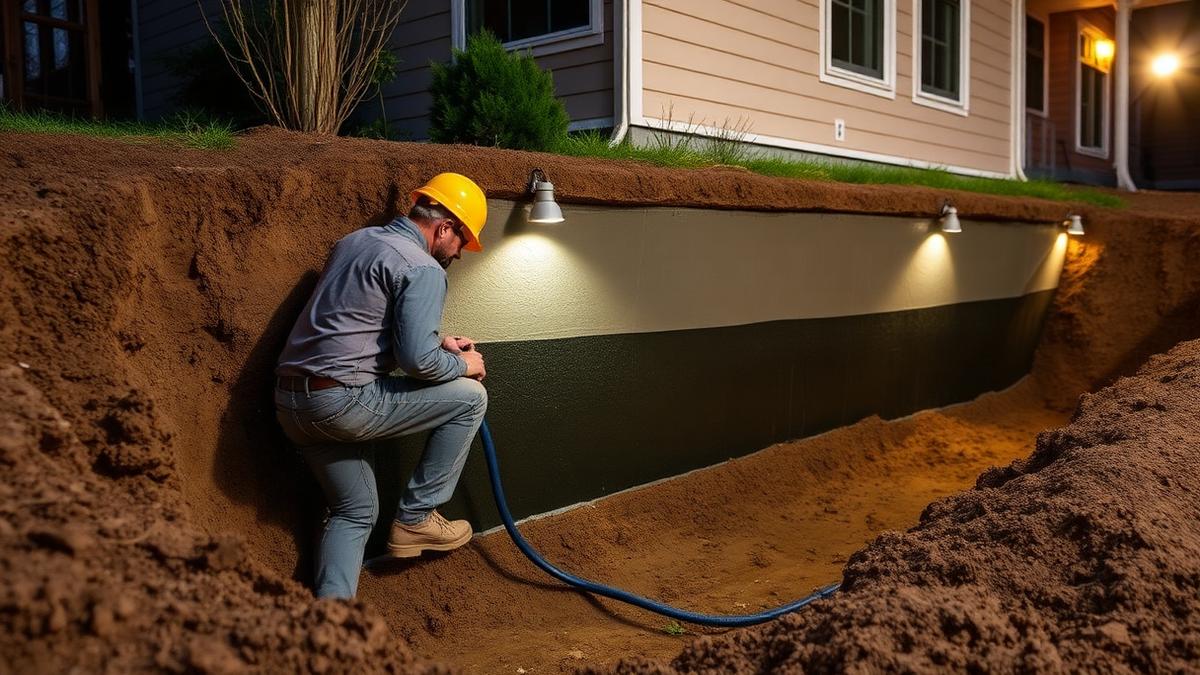 Waterproofing contractor applying membrane coating to a foundation wall in a trench