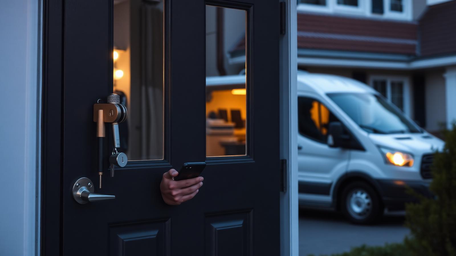 Locksmith at a residential front door at dusk with tools, service van behind, holding smartphone
