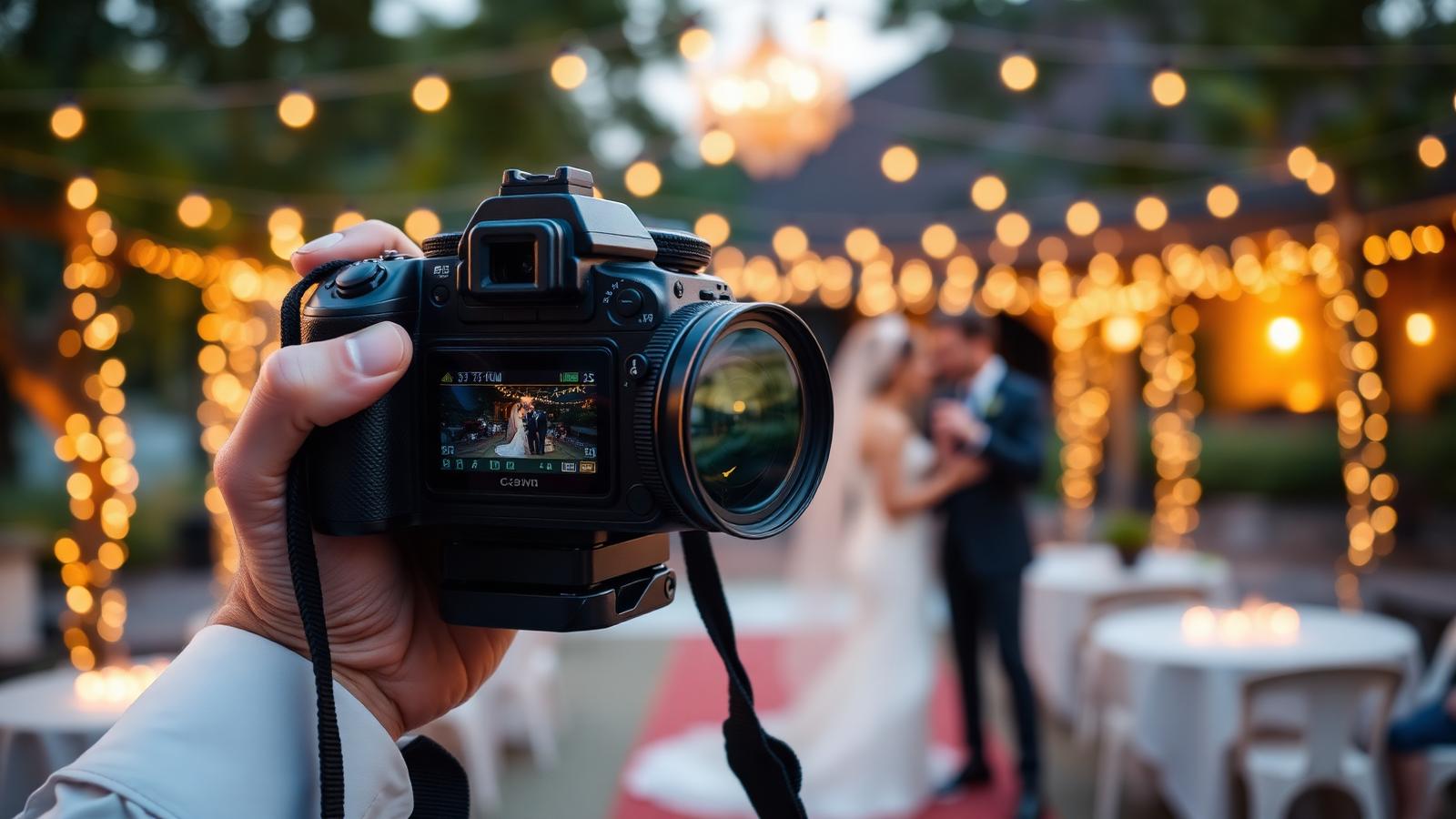 Photographer with DSLR camera at a wedding, laptop showing calendar and CRM, natural light
