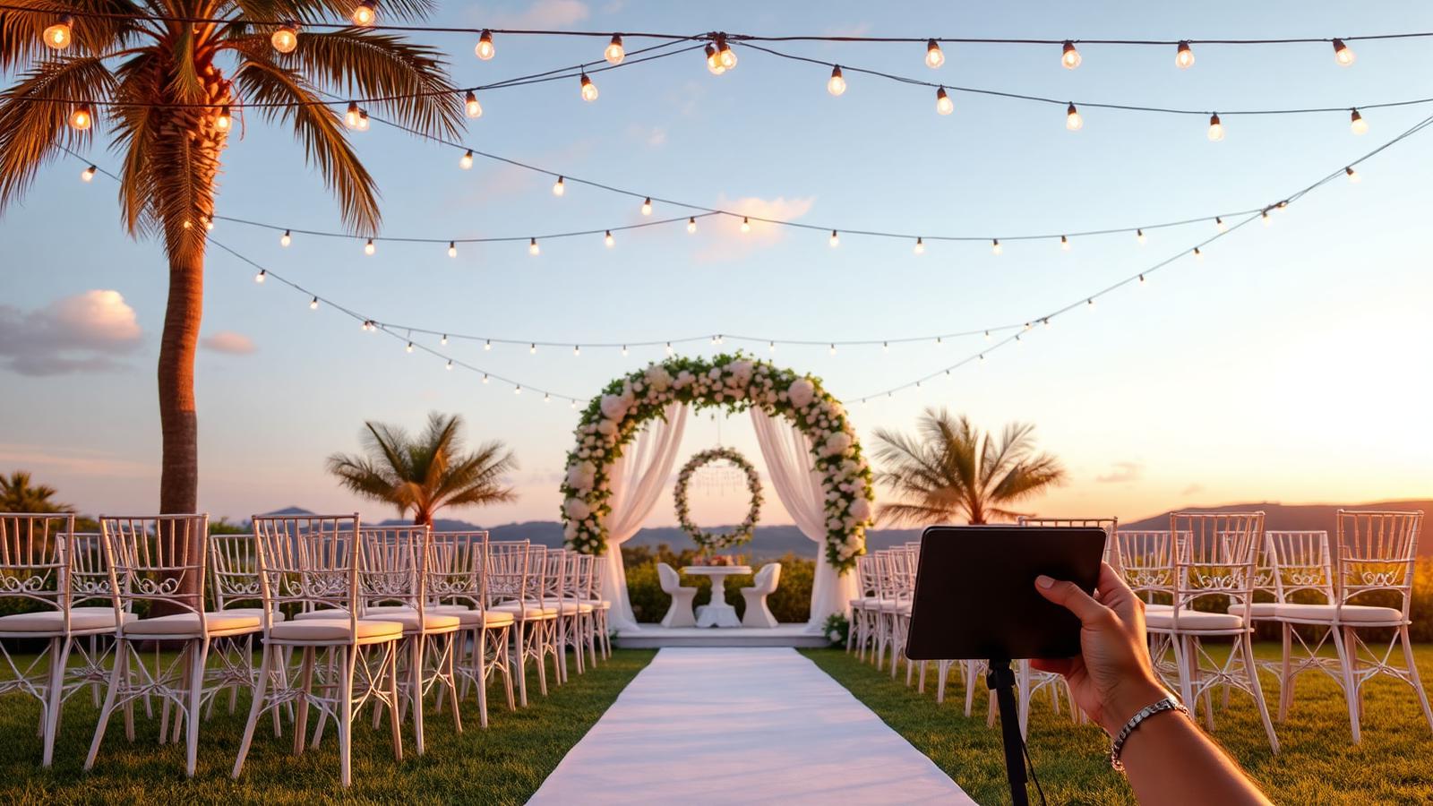 Elegant wedding venue with white chairs and floral arch at golden hour, event coordinator on smartphone