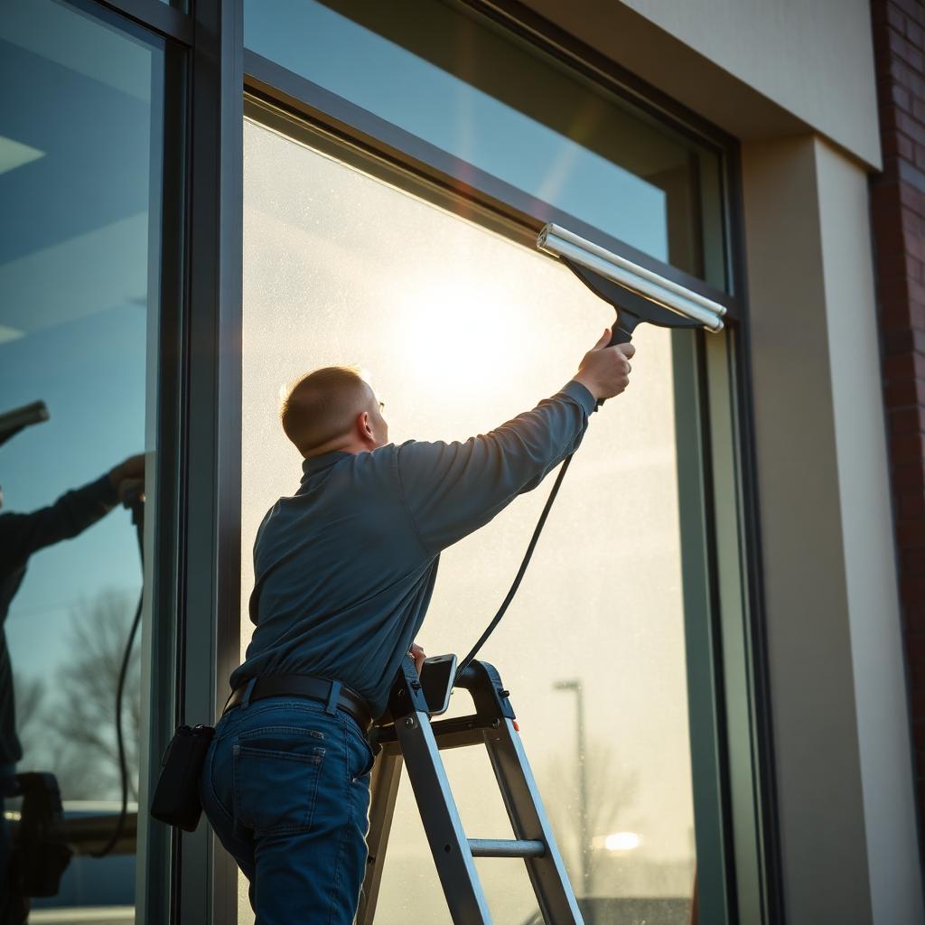 Professional window cleaner squeegeeing exterior of home windows on ladder, window cleaning company answering service concept